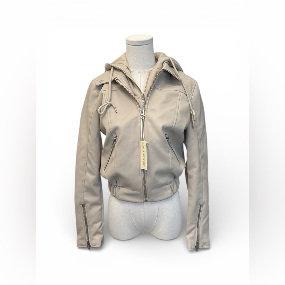 BLANKNYC Faux Leather Bomber Jacket with Removable Hood Tan Women XS $128 MSRP